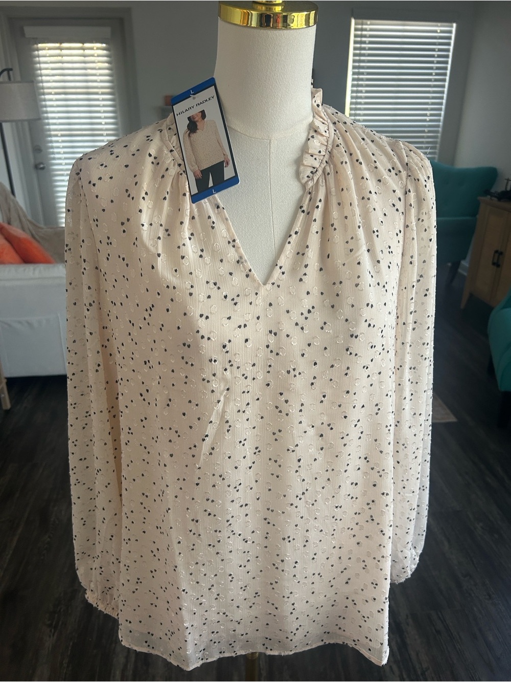 Hilary Radley Cream V-Neck Long-Sleeve Blouse with Black Dot Print